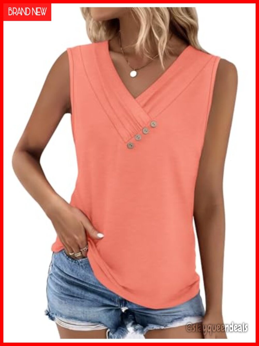 Sleeveless Button Down V Neck Tank Top Loose Fit Summer Casual